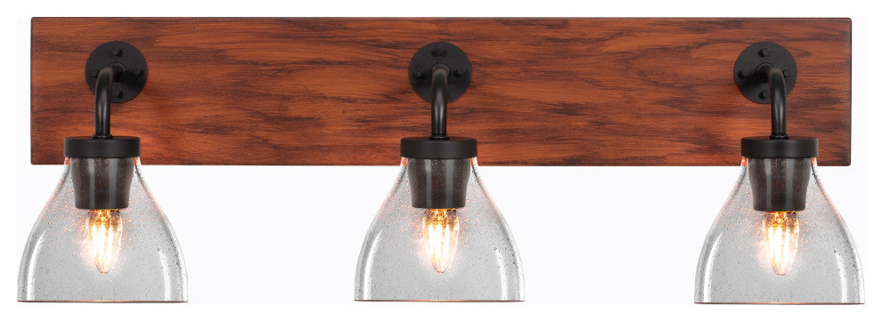 Oxbridge 3-Light Bath Bar, Matte Black & Painted Wood-look Metal/Clear Bubble