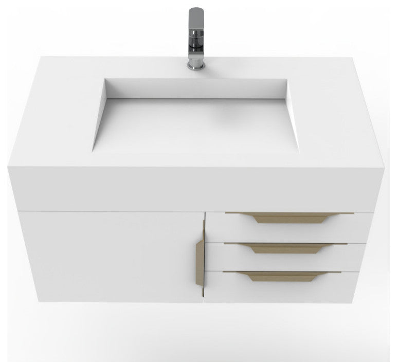 CastelloUSA Nile 36" Wall Mounted Vanity Set, White, White Top, Gold Handles