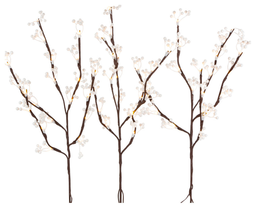 Set of 3, 23.62" Brown PVC Wrapped Branches With White Berries and LED Lights