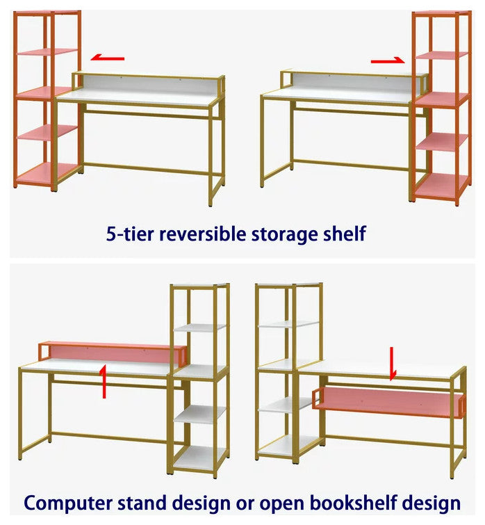 Multifunctional Desk, Golden Metal Frame & Spacious Top With Raised Shelf, White