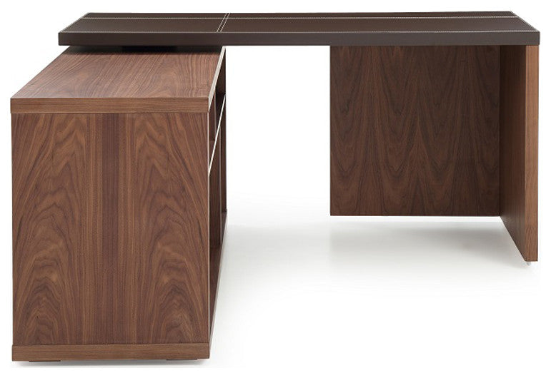 HomeRoots 29" Walnut and Brown Veneer L Shaped Desk With a Leather Top