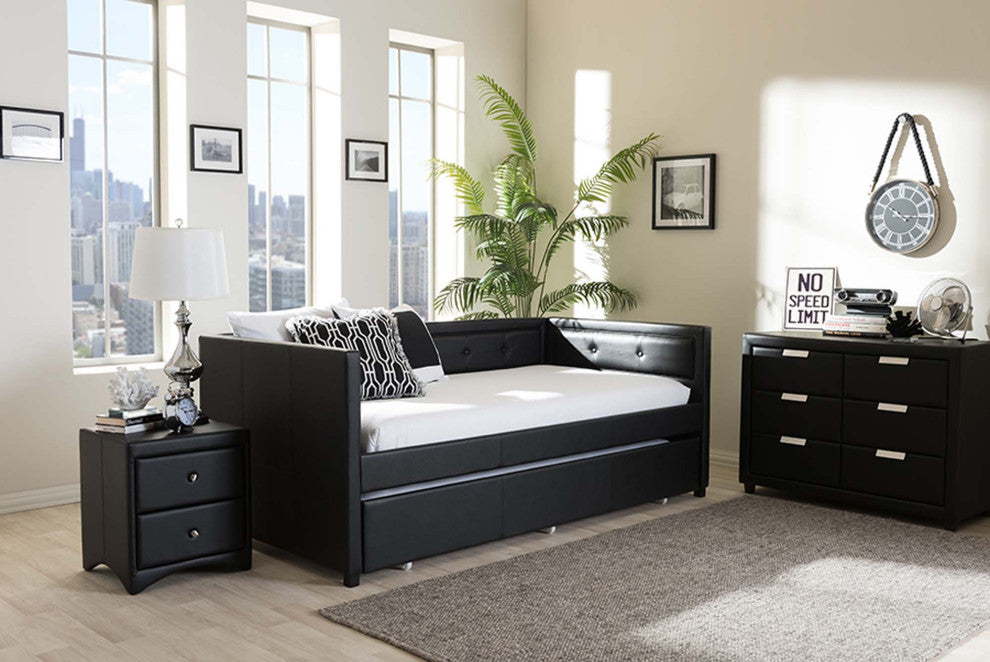 Marlee Faux Leather Button-Tufting Sofa Twin Daybed With Trundle Bed, Black