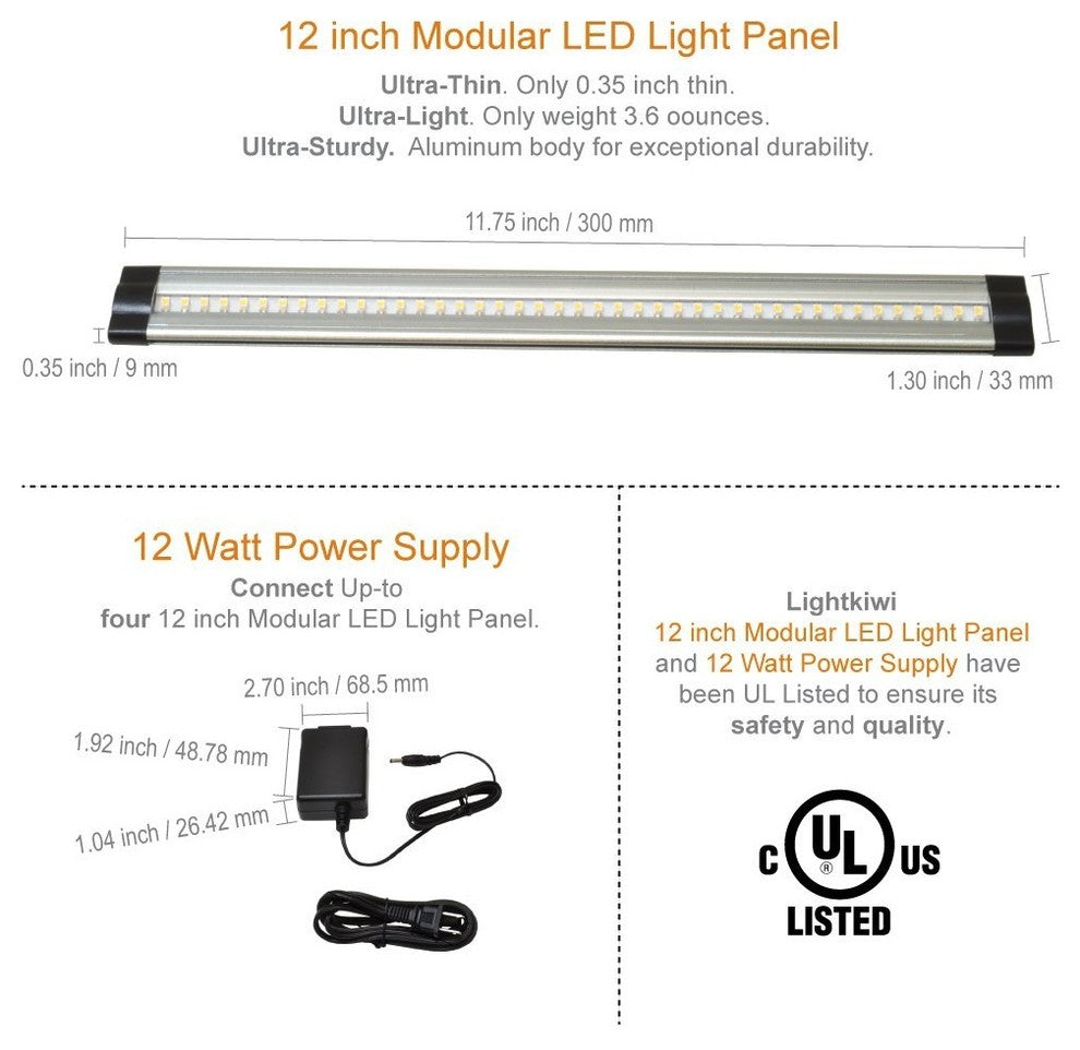 Lightkiwi T1228 12" Warm White Modular LED Under Cabinet Lighting 3-Panel Kit