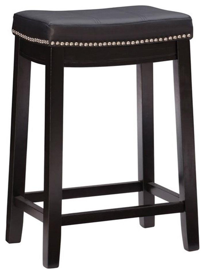 Linon Claridge Wood Backless Counter Stool Nailhead Trim Faux Leather in Black