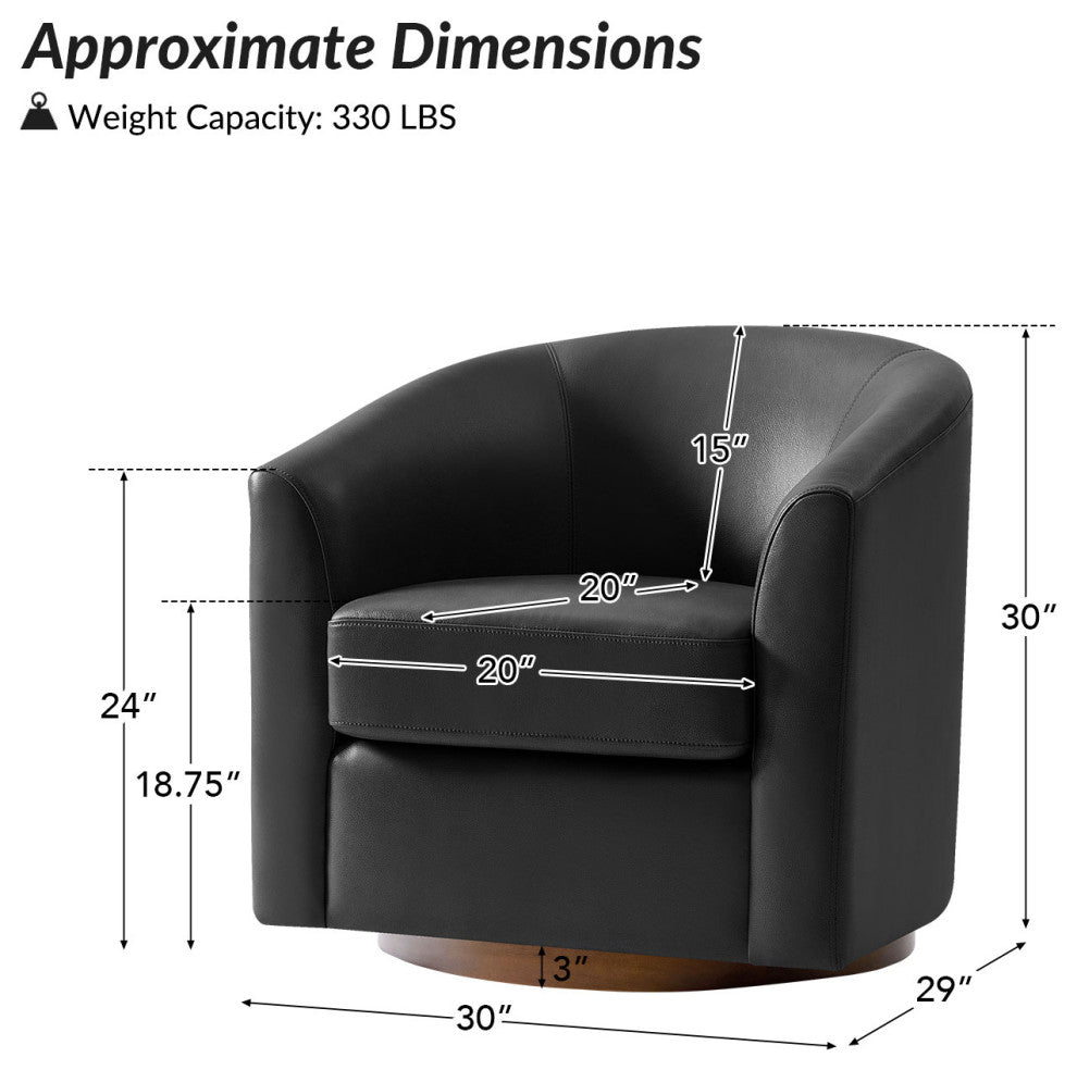 Swivel Barrel Geniune Leather Chair With Solid Wood Base, Black