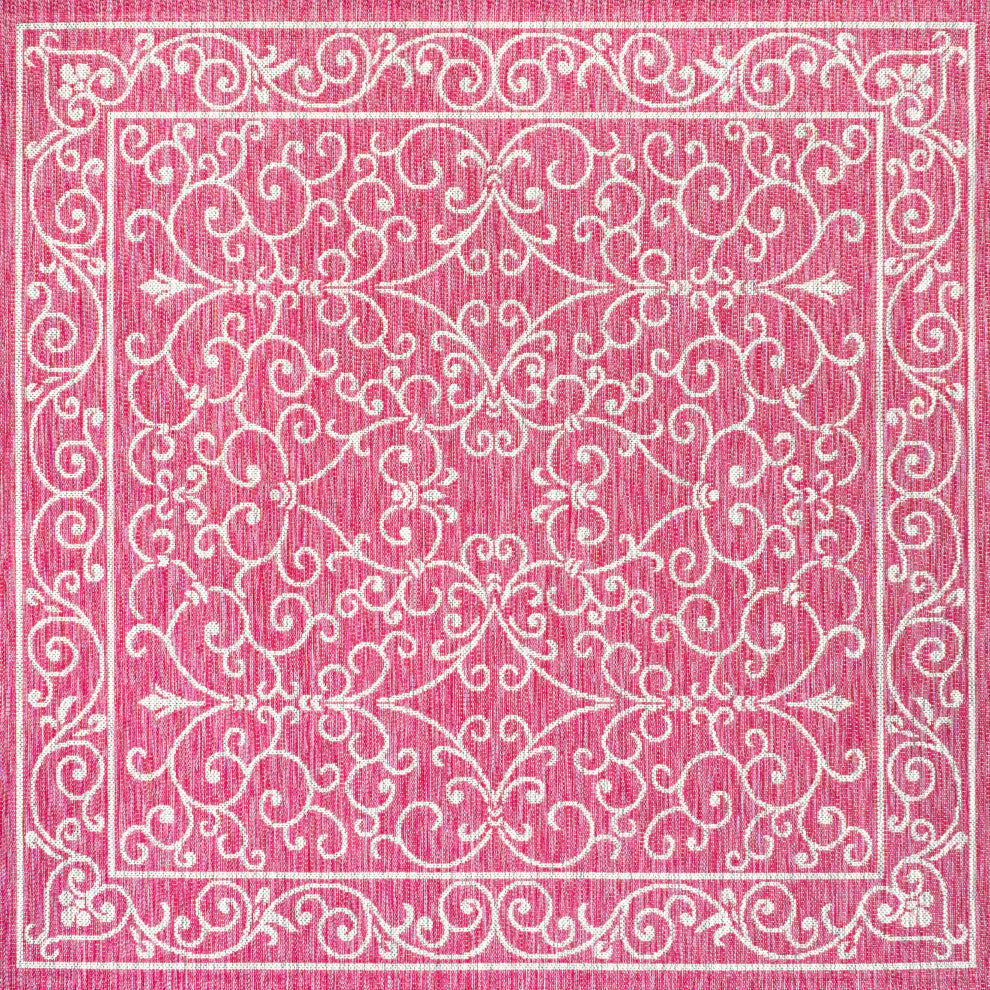 Charleston Filigree Textured Weave Indoor/Outdoor, Fuchsia/Light Gray, 5' Square