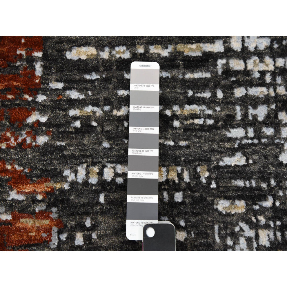 Jet Black, Organic Wool Hand Knotted, Abstract Design Oriental Rug, 9'0"x12'4"