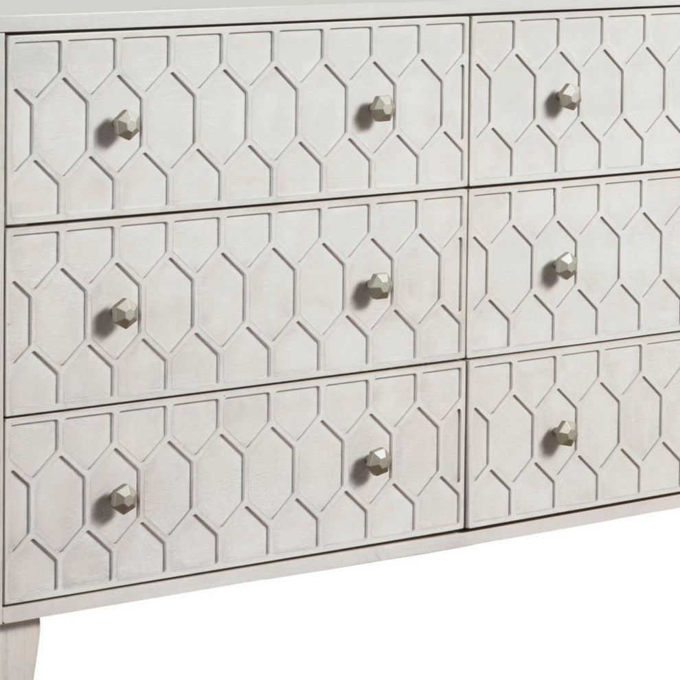 Benzara BM284296 Rue 60" 6 Dresser Drawer, Honeycomb Texture, Wood, Light Gray