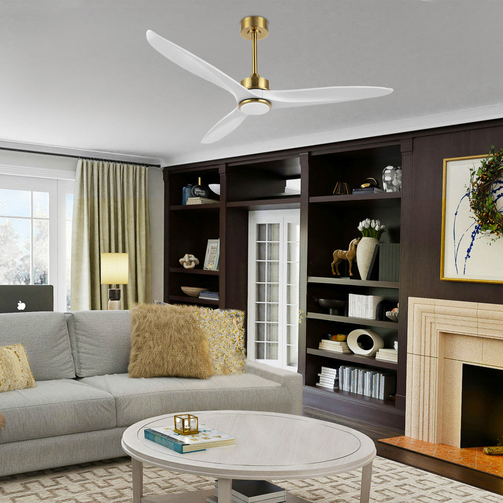 52" Solid Wood 3-Blade LED Ceiling Fan With Remote Control and Light Kit, Gold/White