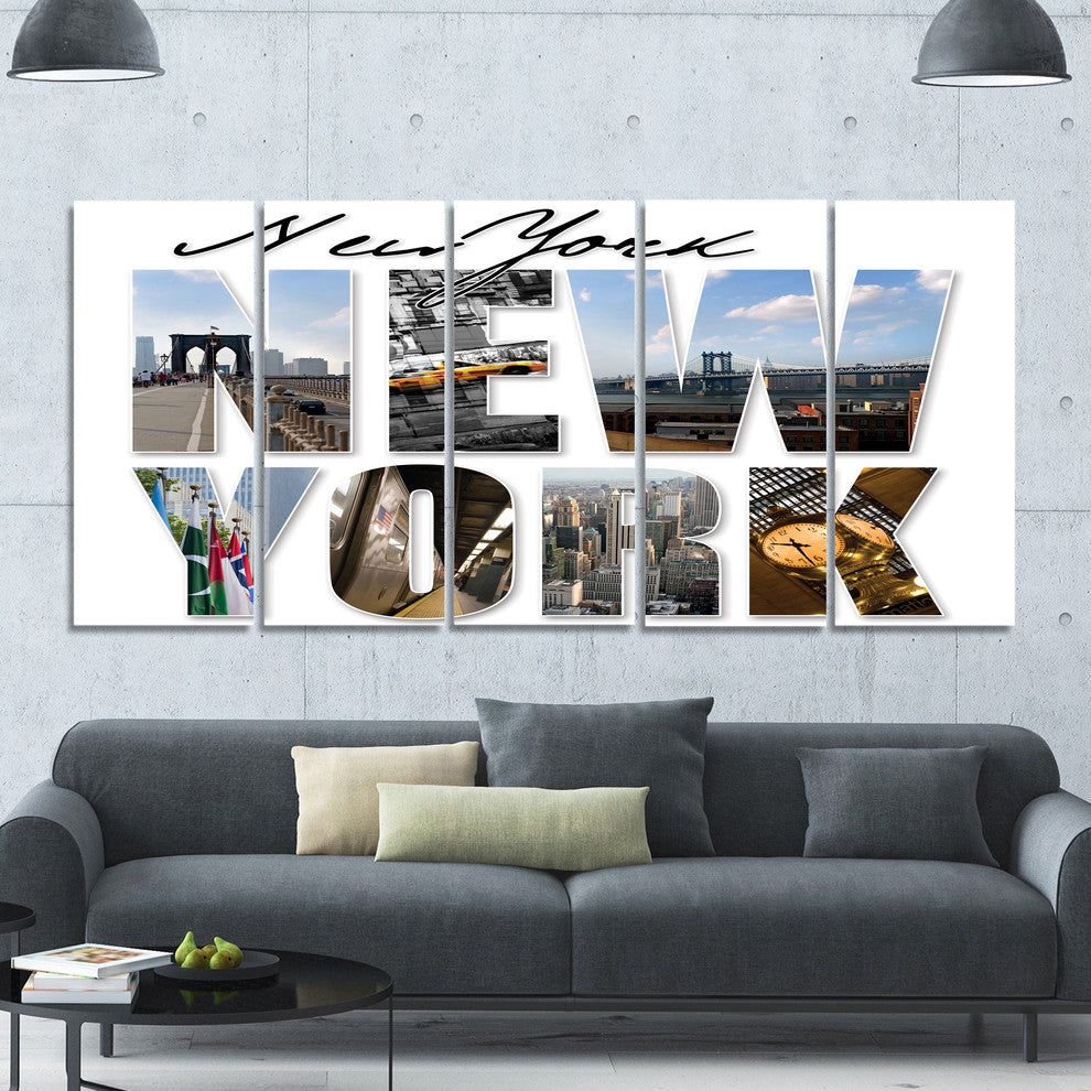 New York City Graphic Montage, Cityscape Canvas Art Print, 60"x28", 5 Panels
