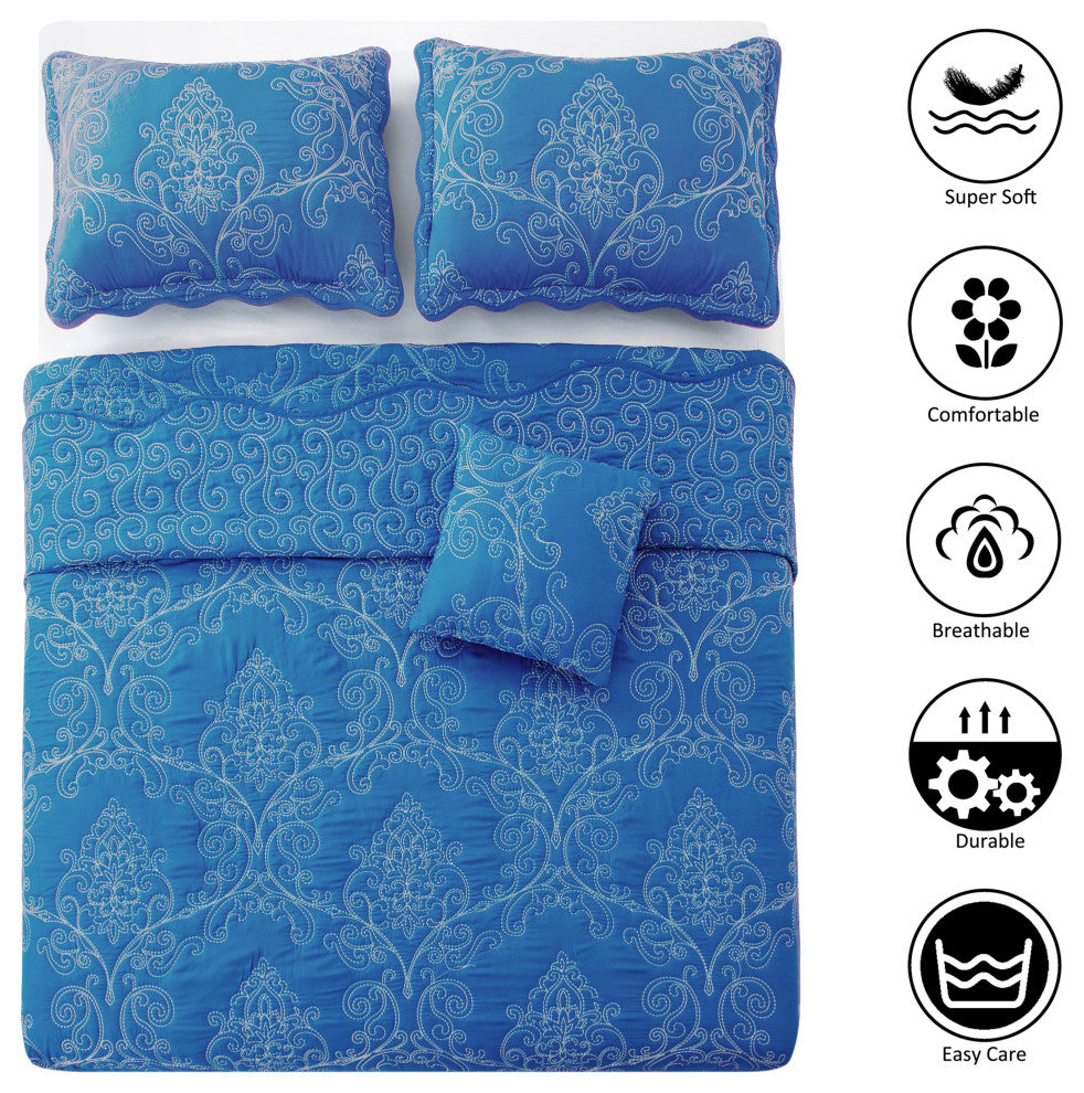 Damask Embroidered Quilted 4 Piece Bed Spread Sets, Palace Blue, King