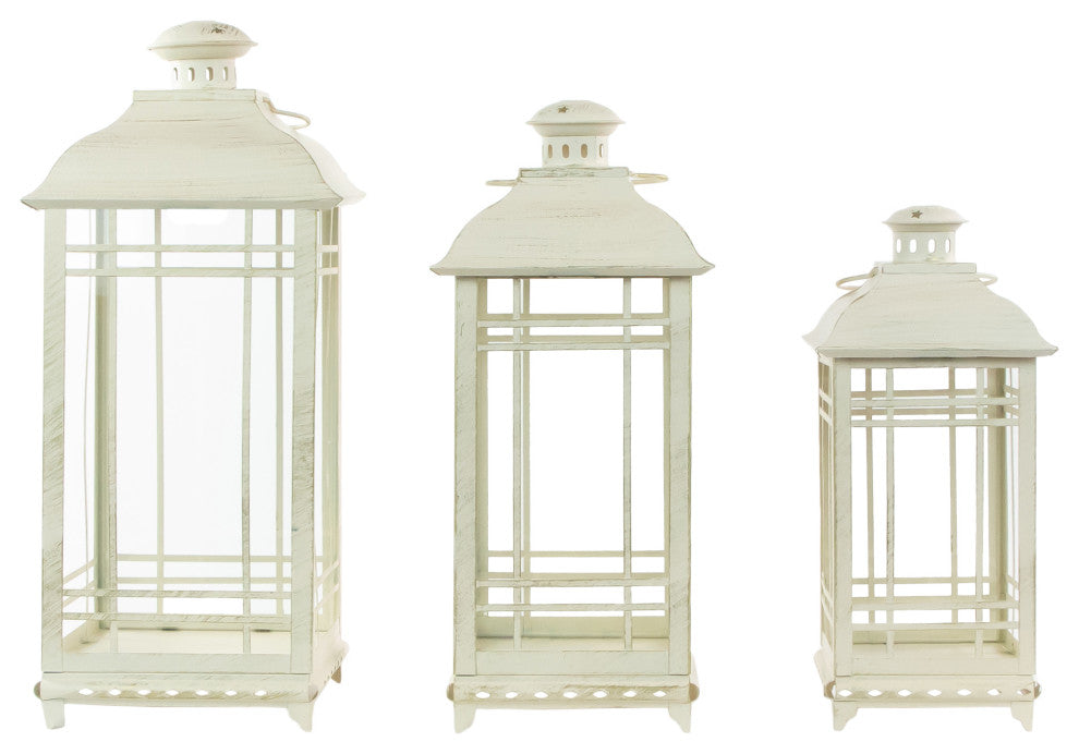 Set of 3 Cream Candle Lanterns with Brushed Gold Accents 19.5"