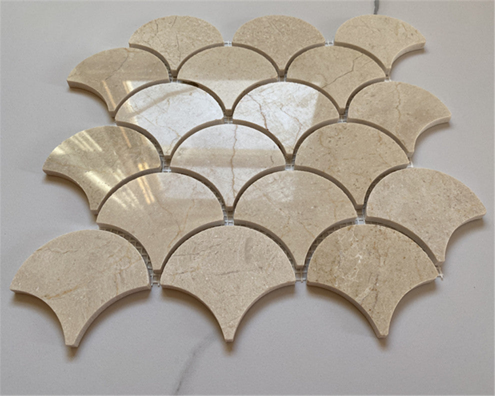 Fish Scale Crema Marfil Marble Grand Fan Mosaic Tile Polished, 1 sheet