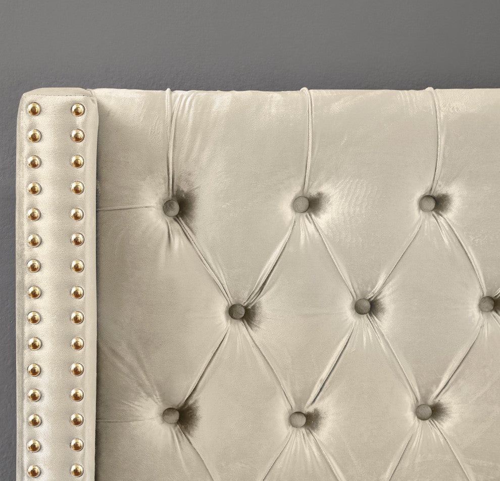 Barolo Velvet Upholstered Bed, Cream, Queen