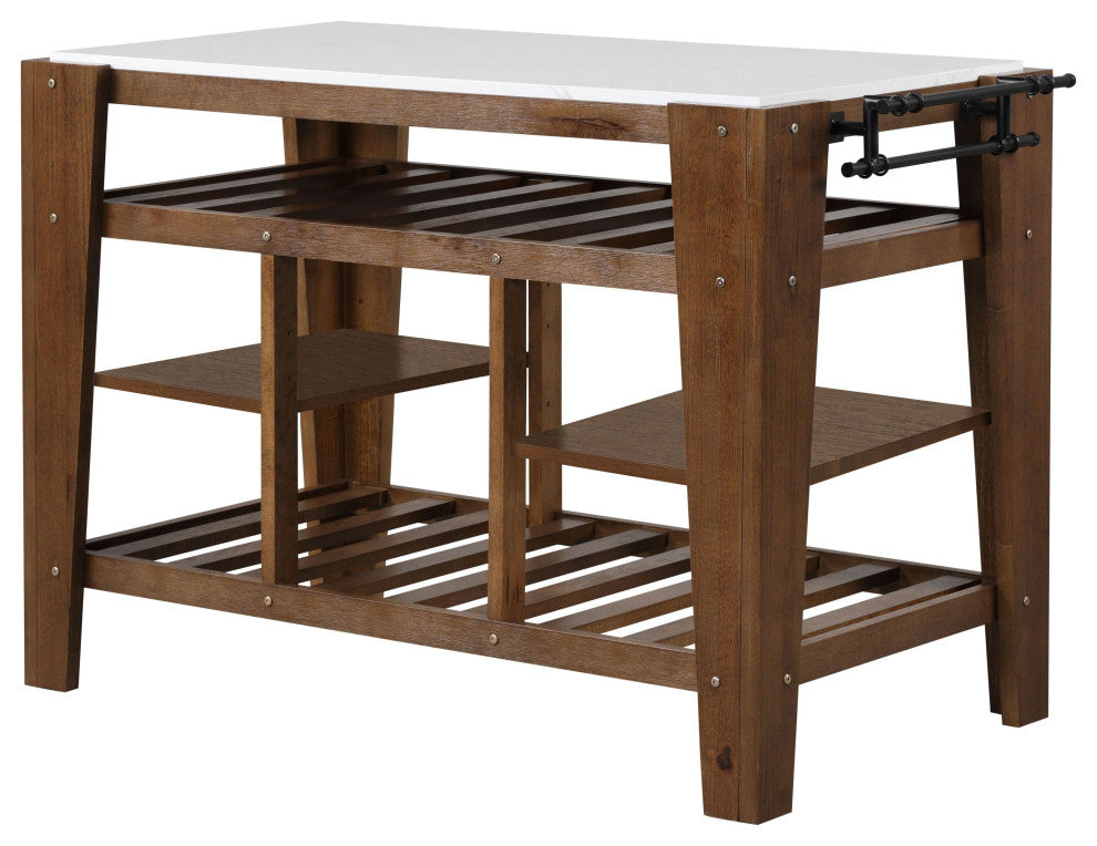 Alaroa Kitchen Island, Marble Top and Rustic Brown Finish