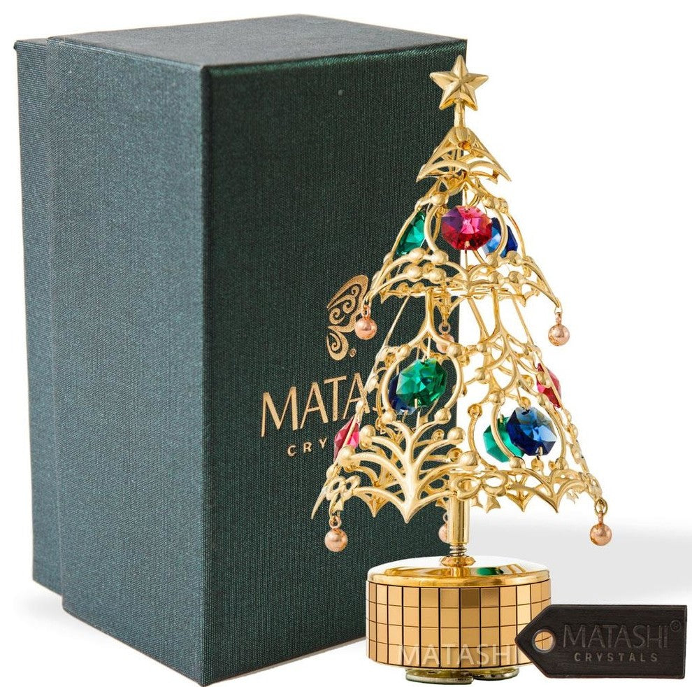 24K Gold Plated Christmas Tree Wind-Up Music Box Table Top Ornament