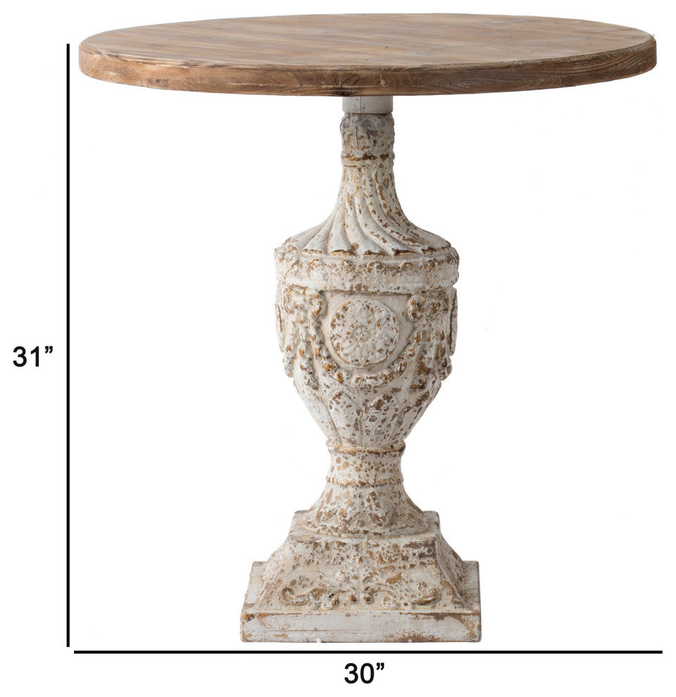 Benzara BM285037 31" Accent Side Table, Fir Wood, Engraved, Antique White