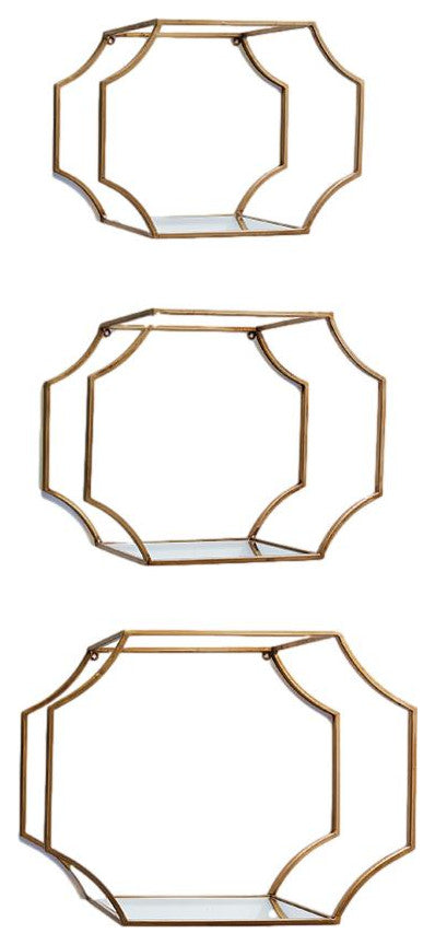 Set of 3 Gold Hexagon Mirrored Wall Shelves Open Geometric Display Contemporary
