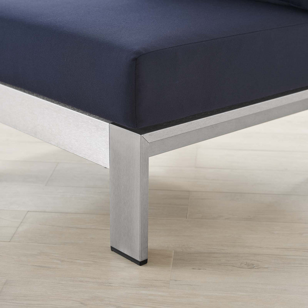 Sofa Middle Chair, Sunbrella, Fabric, Aluminum, Metal, Silver Blue Navy, Outdoor