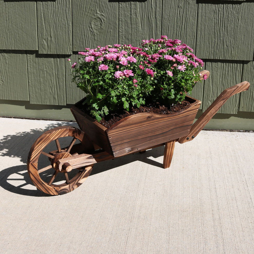 Sunnydaze Wooden Decorative Wheelbarrow Garden Planter, 10"x11"x35"