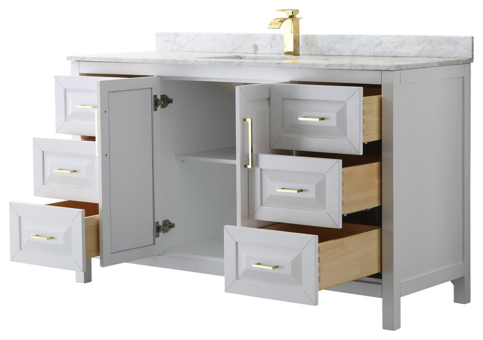 60" Single Bath Vanity, White, White Carrara Countertop, Sink, Gold Trim