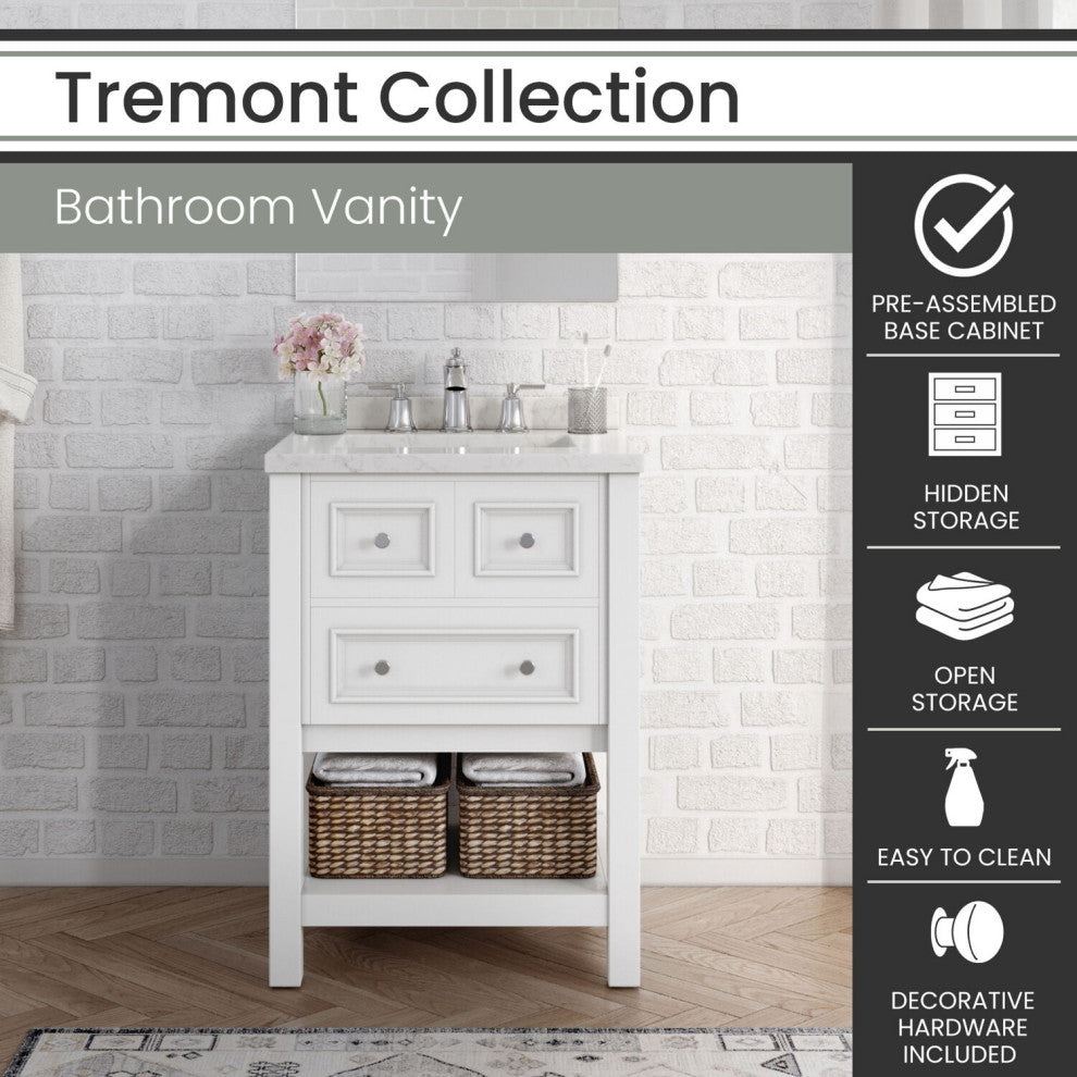 Tremont 24" Bathroom Vanity, Sink, Top, 1 Drawer, Bottom Shelf, White