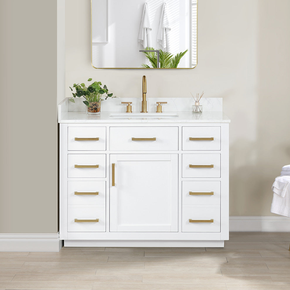 Gavino Vanity With Grain White Composite Stone Top, White/Brushed Gold, 42", No Mirror