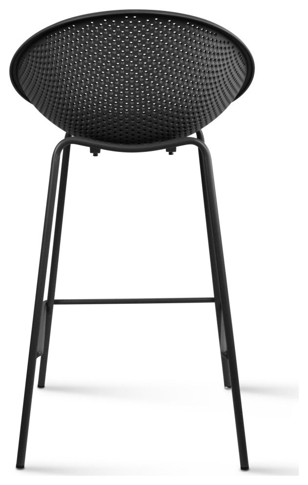 Set of 2 Modern Counter Stools with Perforated Low Back and Metal Frame, 25.5", Black