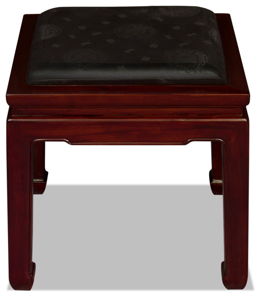 Dark Cherry Elmwood Chinese Ming Bench with Black Silk Cushion
