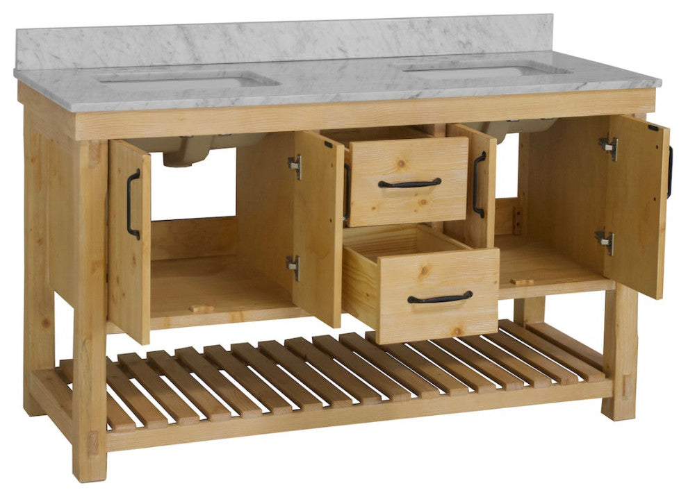 Birmingham Bathroom Vanity, Drift Wood, 60", Carrara Marble, Double Sink