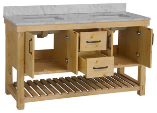 Birmingham Bathroom Vanity, Drift Wood, 60", Carrara Marble, Double Sink