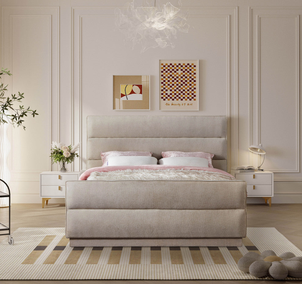 Paxton Chenille Fabric Upholstered Bed, Beige, King