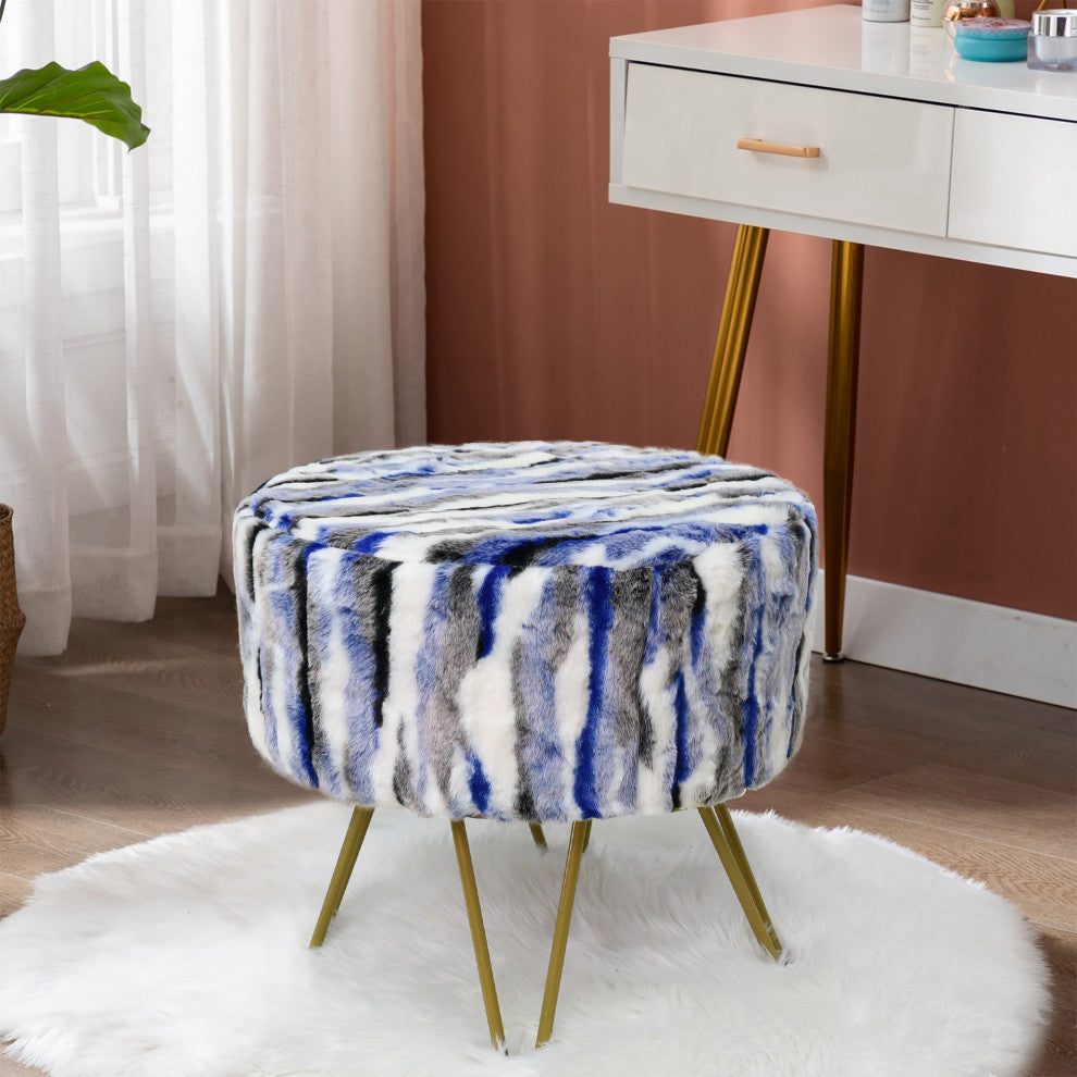 Multi Jacquard Faux Fur Round Ottoman, Blue, 18"x18"x8"