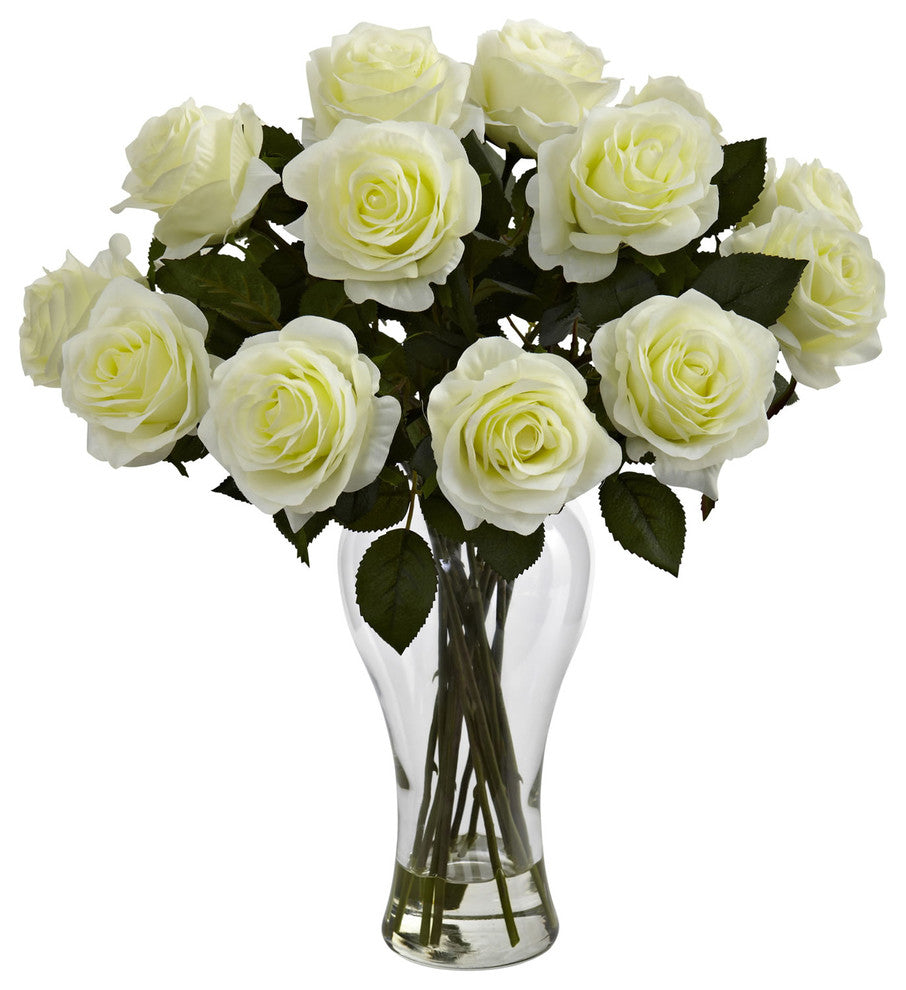 Blooming Roses With Vase, White