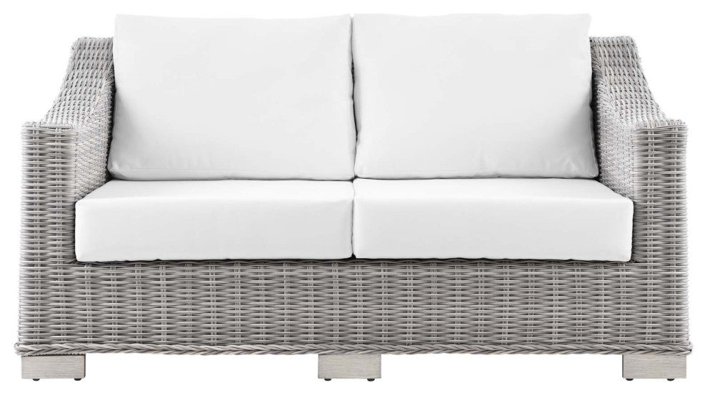 Lounge Loveseat Sofa, Rattan, Wicker, Gray White, Modern, Outdoor Patio