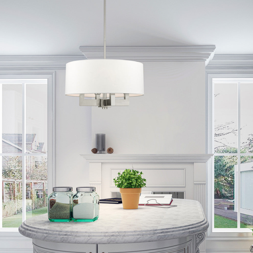 Livex Cresthaven 4 Light Brushed Nickel Chandelier, Off-white Fabric Shade