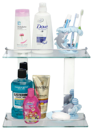 MODONA's 13.75" Double Glass Wall Shelf With Rail, Polished Chrome