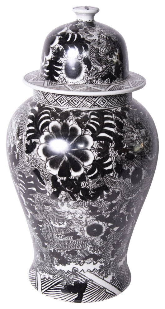 Black Temple Jar W/ Dragon & Floral Motif