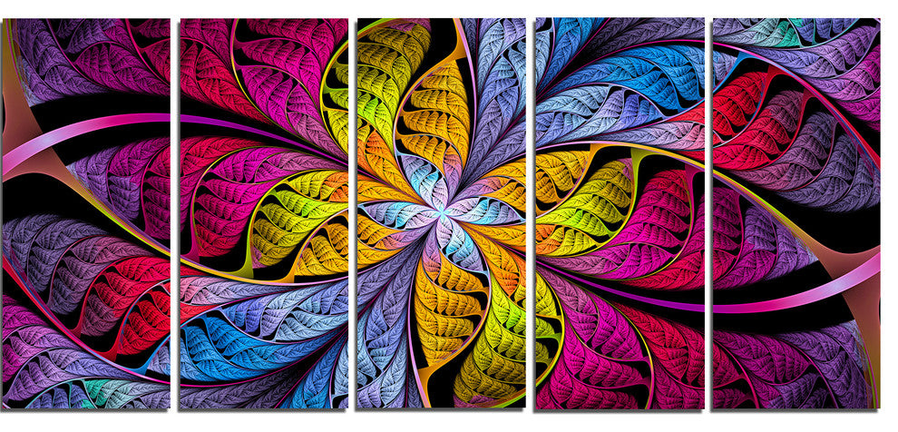 Pink Yellow Fractal Stained Glass, Abstract Canvas Art Print, 60"x28", 5 Panels
