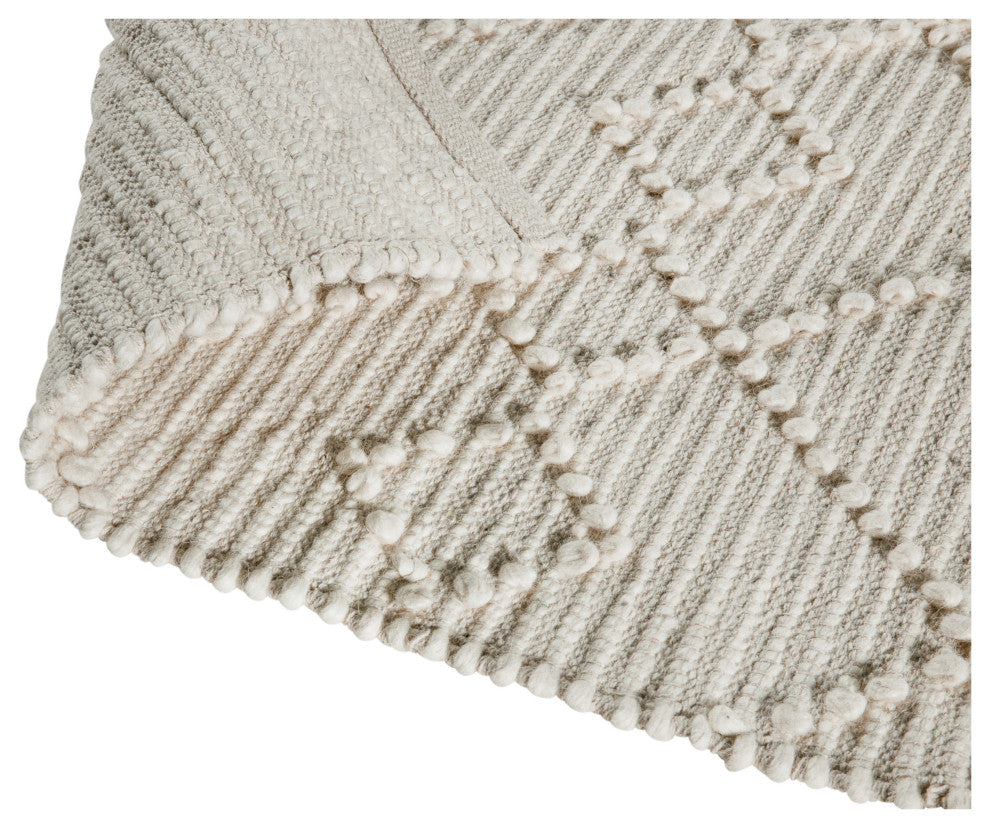 Geometric Handwoven Area Rug, Wool, Polyester, Cotton Blend, Ivory, White, 5x7