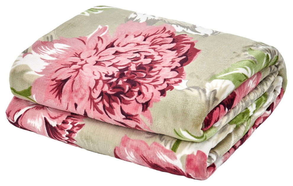Floral Printed Flannel Throw, Geranium Red