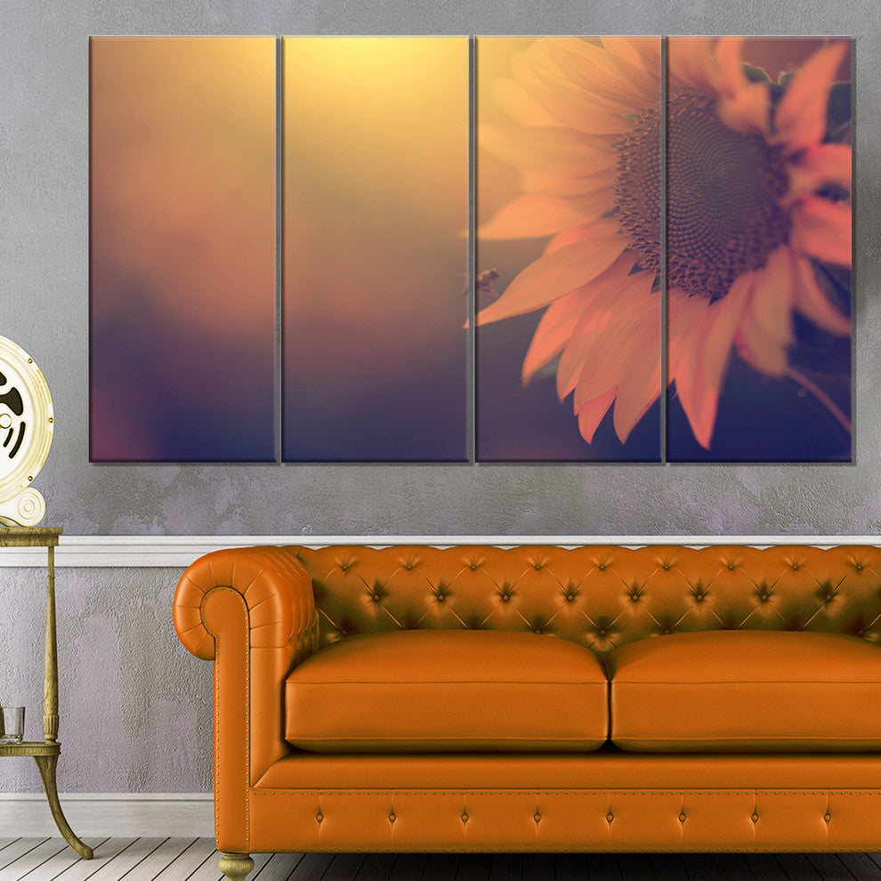 Vintage Photo Of Sunflower Close up, Floral Canvas Print, 48"x28", 4 Panels