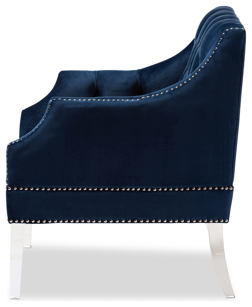 Jeana Contemporary Navy Velvet Fabric Lounge Chair With Acrylic Legs