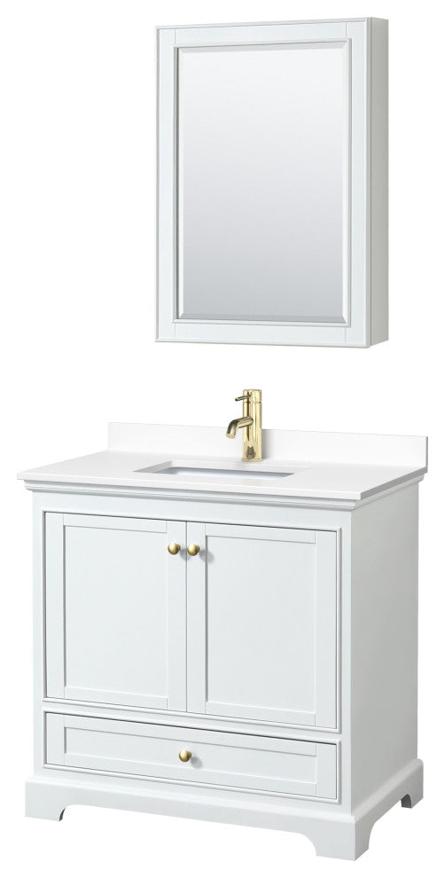 36"SGL Vanity White, White Cult. Marble Countertop, Sink, Gold Trim, Med.Cabinet