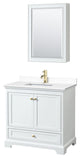 36"SGL Vanity White, White Cult. Marble Countertop, Sink, Gold Trim, Med.Cabinet