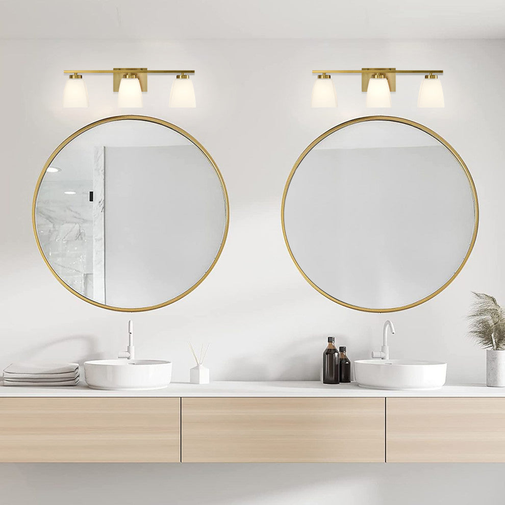 22 in. 3-Light Gold Modern Vanity Light With Square Etched White Glass Shades