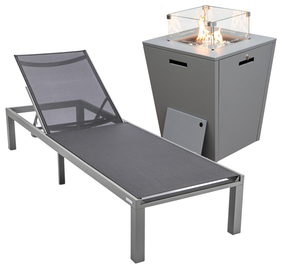 LeisureMod Marlin Gray Patio Chaise Lounge Chair with Fire Pit Table, Black