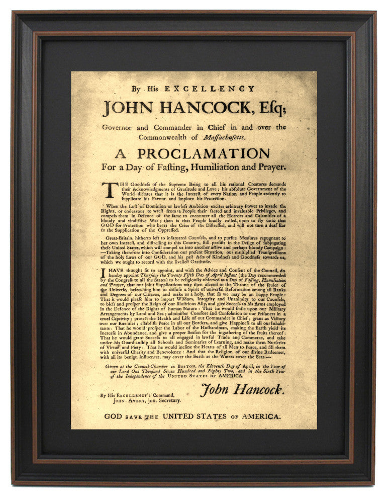Framed John Hancock's Proclamation for a Day of Fasting, Humiliation, & Prayer