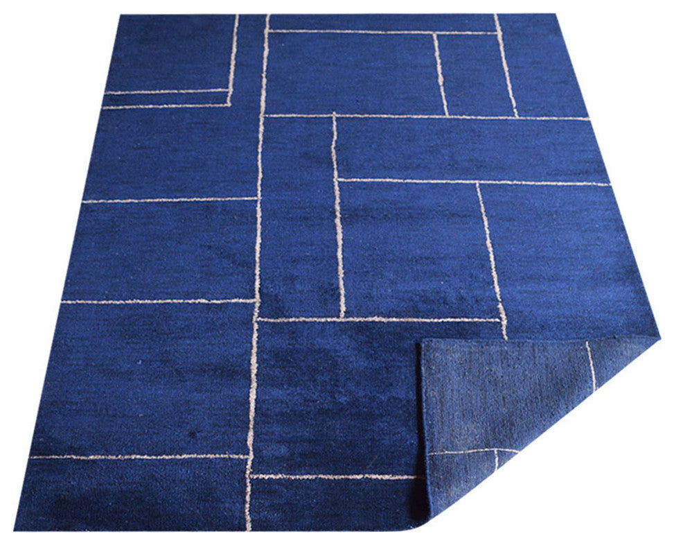HAND KNOTTED LOOM SILK ECO-FRIENDLY AREA RUGS-5'x8',Rectangle,Navy,Geometric