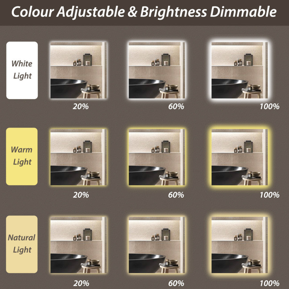 Backlit 3-Color LED Mirror for Bathroom, Anti-Fog Dimmable, 36x36